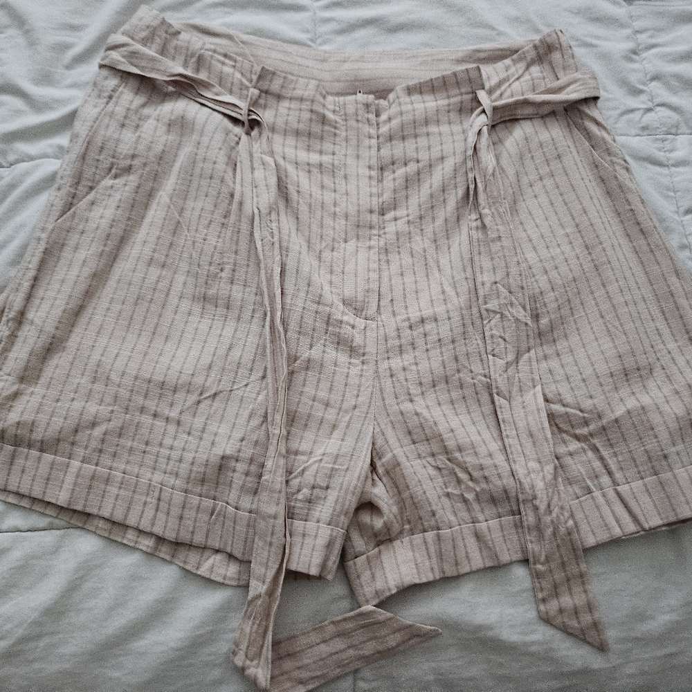 Mystree Beige Striped Tie-Waist Linen Bermuda Shorts